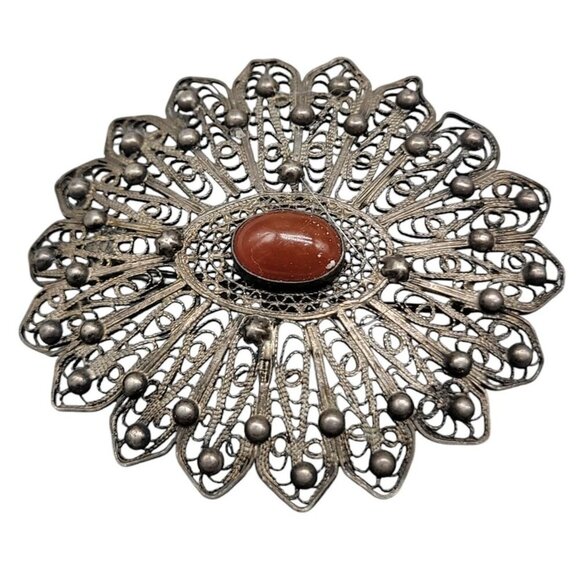 Antique Sterling Carnelian Filigree Brooch Large Oval Starburst Cabachon Gem - Picture 2 of 5